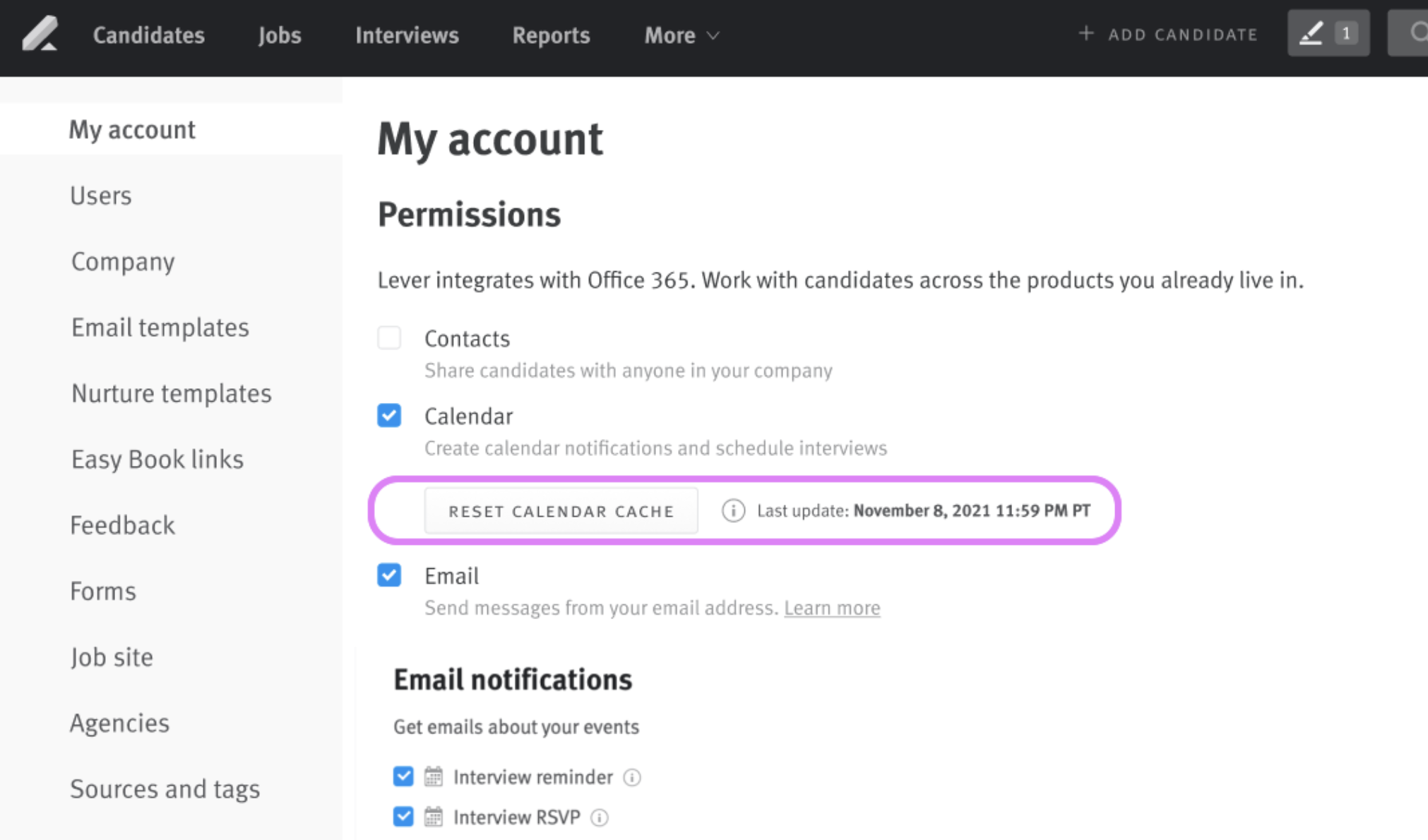 My account section of Setting page with Reset Calendar Cache button circled under Calendar permission field.