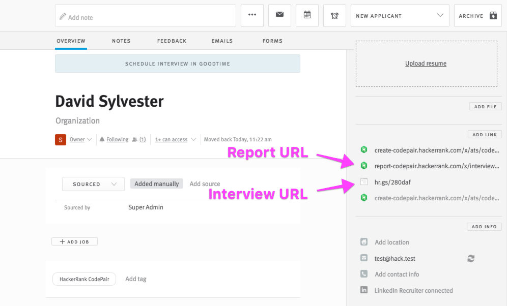 Opporutnity profile with arrows pointing to Report and Interview URLs in the Links section.
