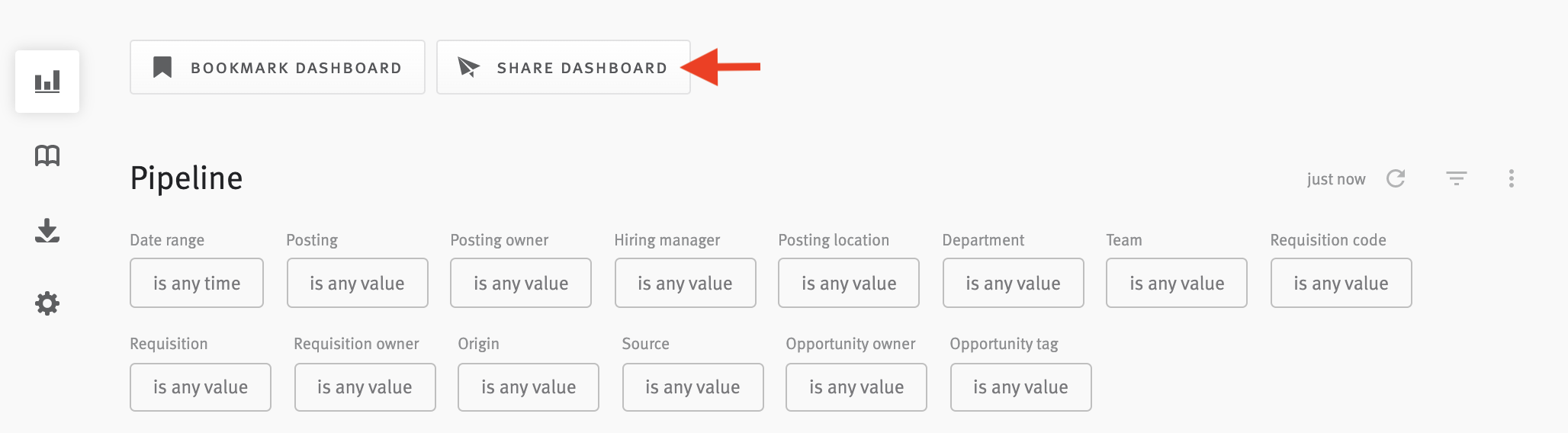 Arrow pointing to Share Dashboard button above Pipeline dashboard.