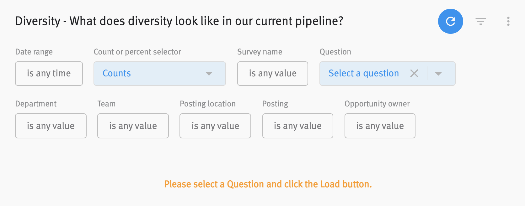 Filter bar on Diversity dashboard with prompt to select a question and click load button.