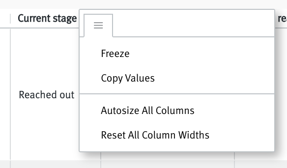 Menu extending from column header in drill down table with options to freeze, copy values, autosize all columnns, and reset all column widths.