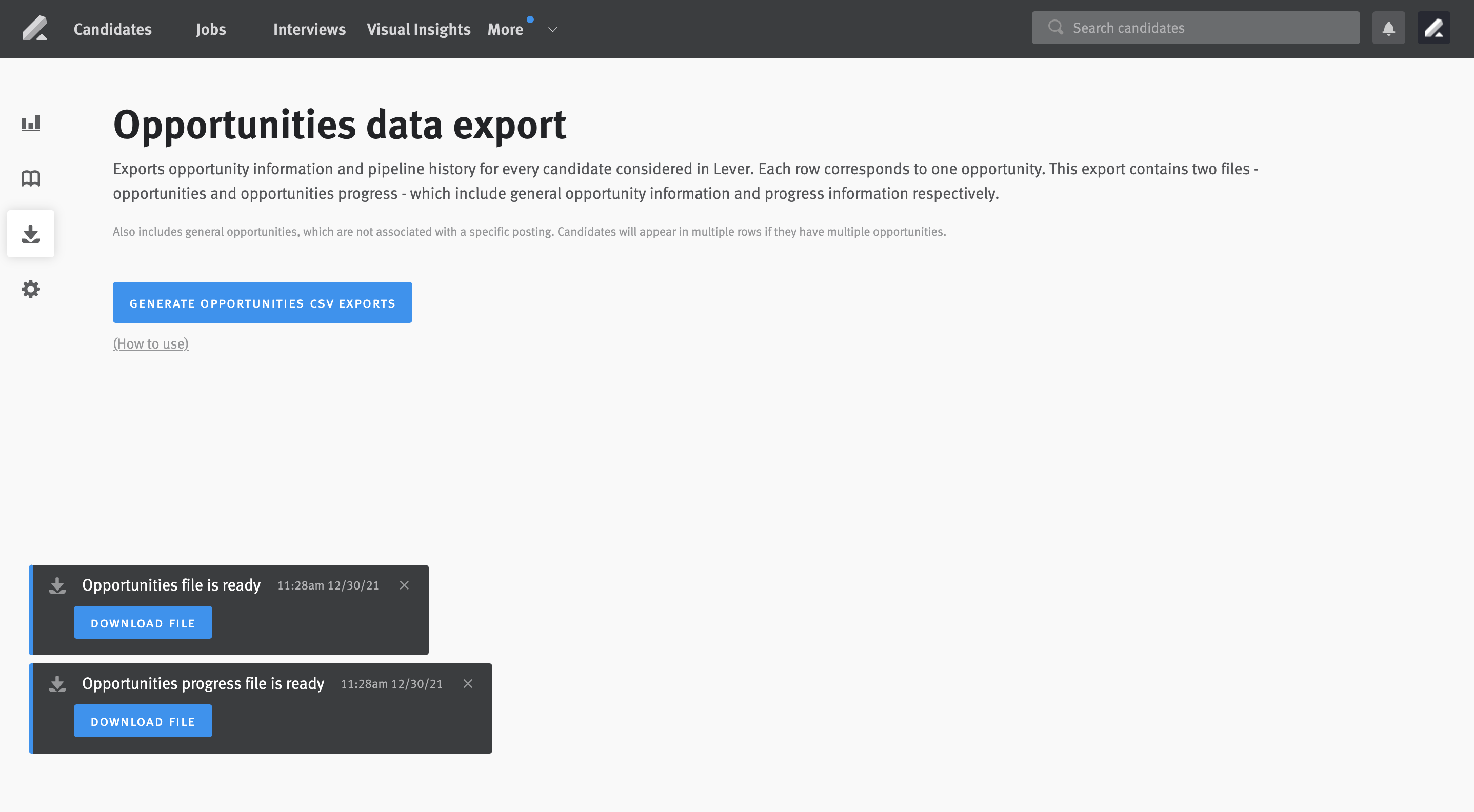 Opportunities export generator page with two pop-ups in lower-roght corner of screen indicating that exports are reay for download.