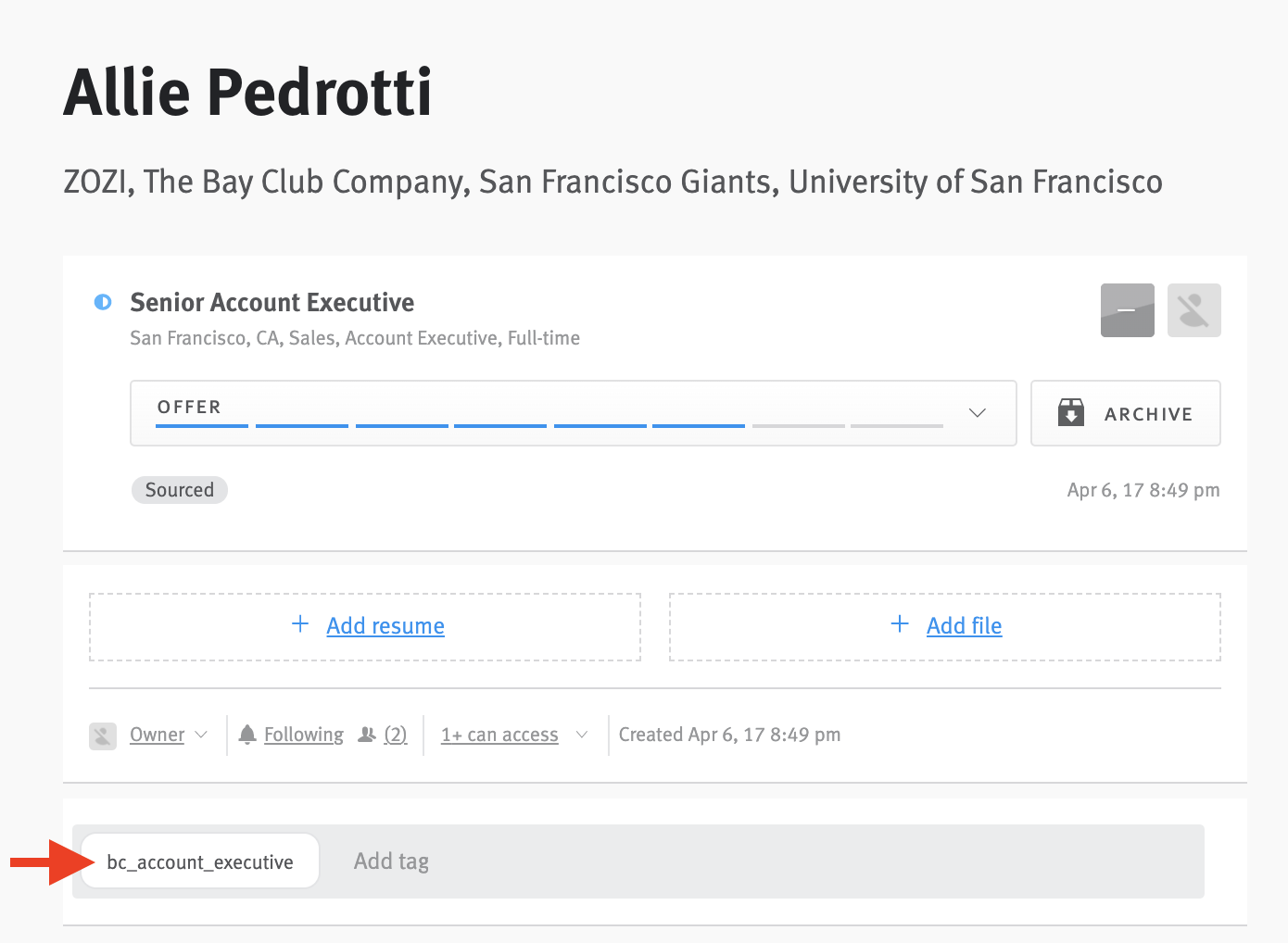 Close-up of candidate profile in Lever with arrow pointing to bc_account_exectuive tag.