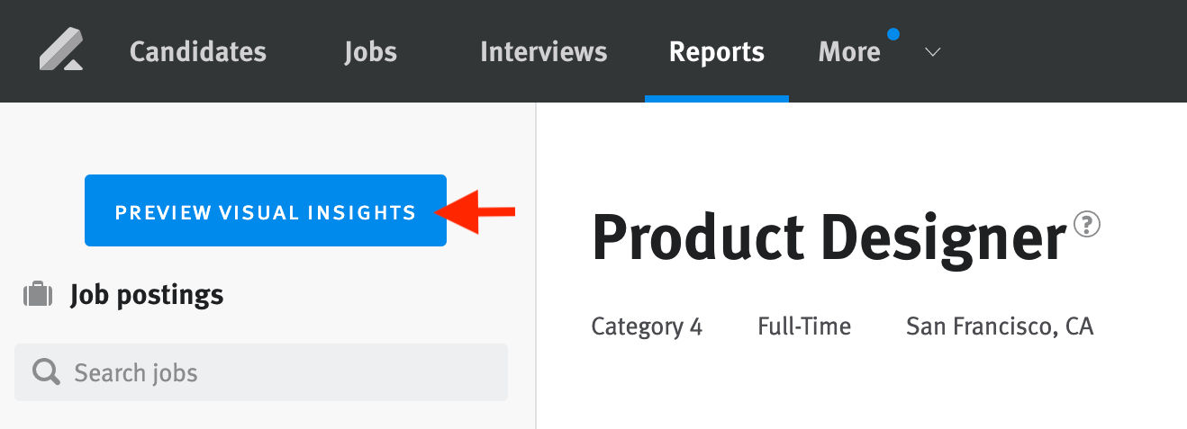 Close up of arrow pointing to Preview Visual Insights button at the top of reports menu.