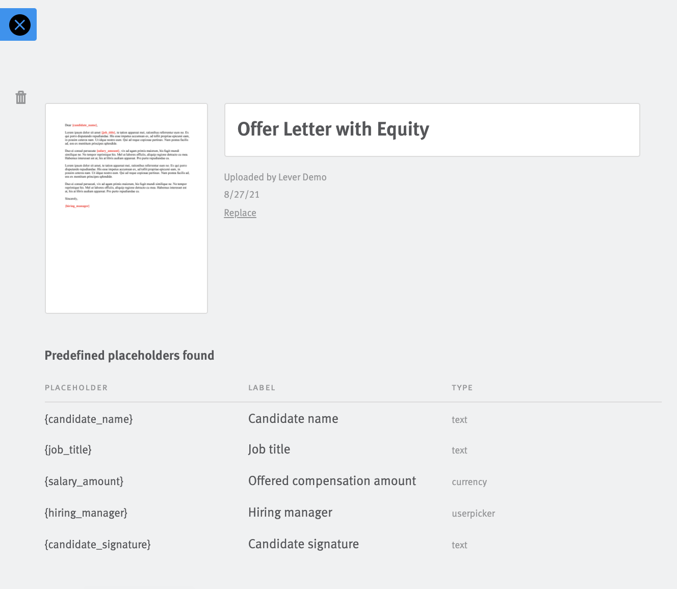 Offer letter template preview with placeholders listed below.