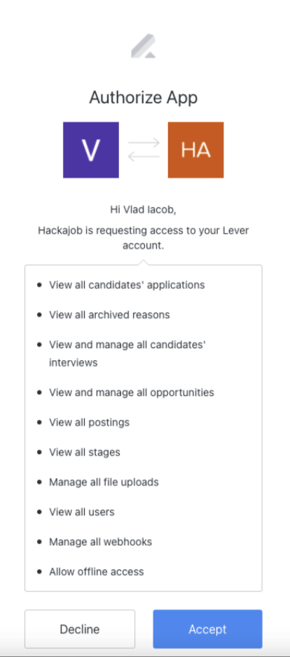 Lever and hackajob authorize app modal showing list of preferences and blue accept button