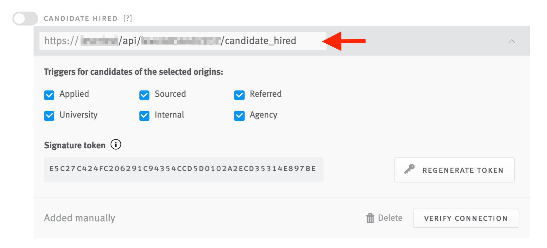 Candidate hired webhook tile with Enboarder webhook URL added.