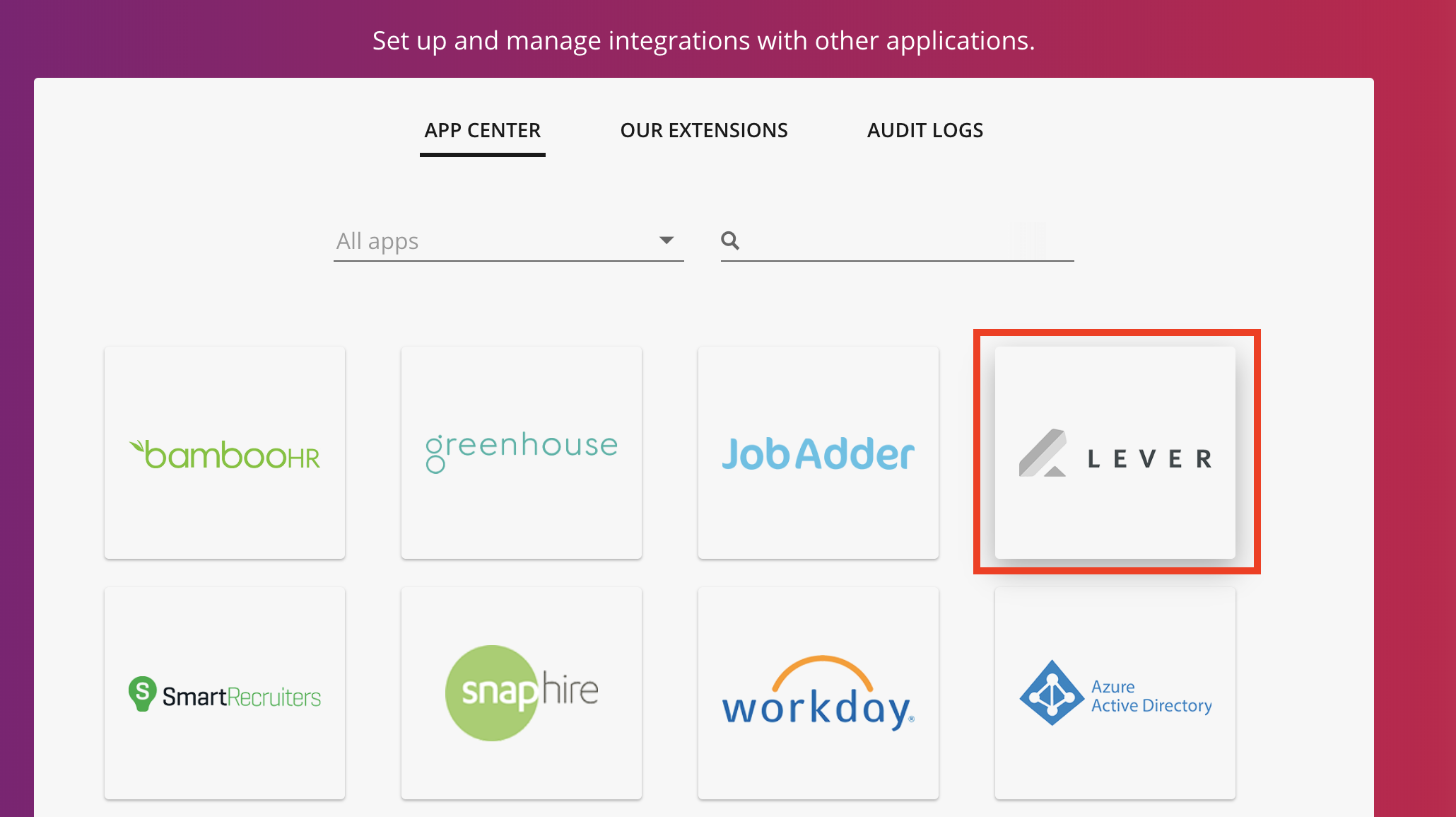 Integrations page in Enboarder with Lever tile circled.