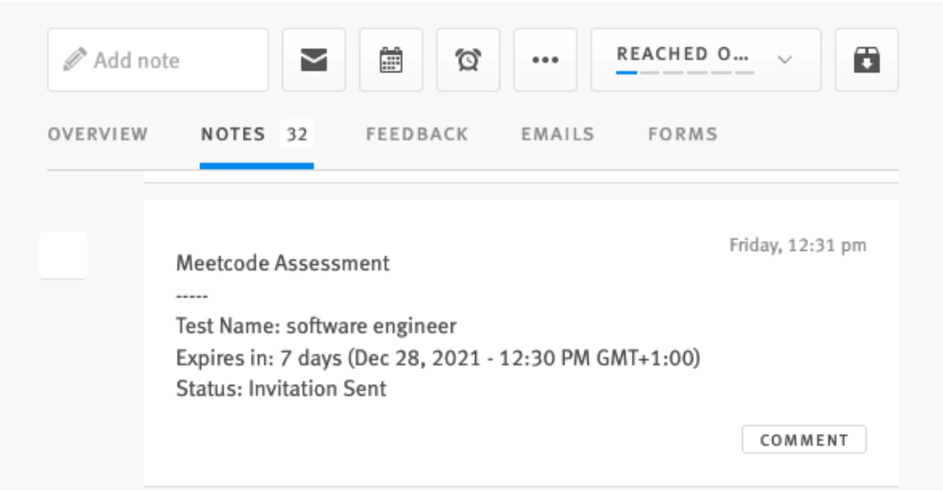 LEver candidate profile notes section showing meetcode assessment record.