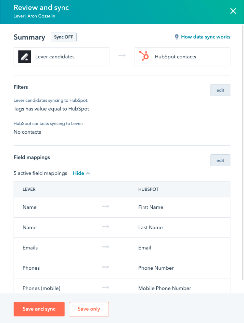 HubSpot Review and sync page showing list of field mappings and save and sync button.