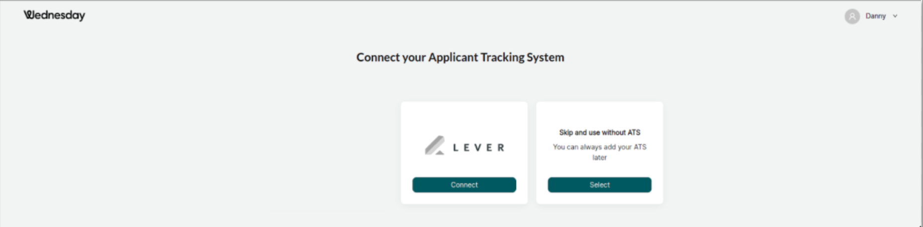 Wednesday platform showing Lever tile in connect your applicant tracking system page