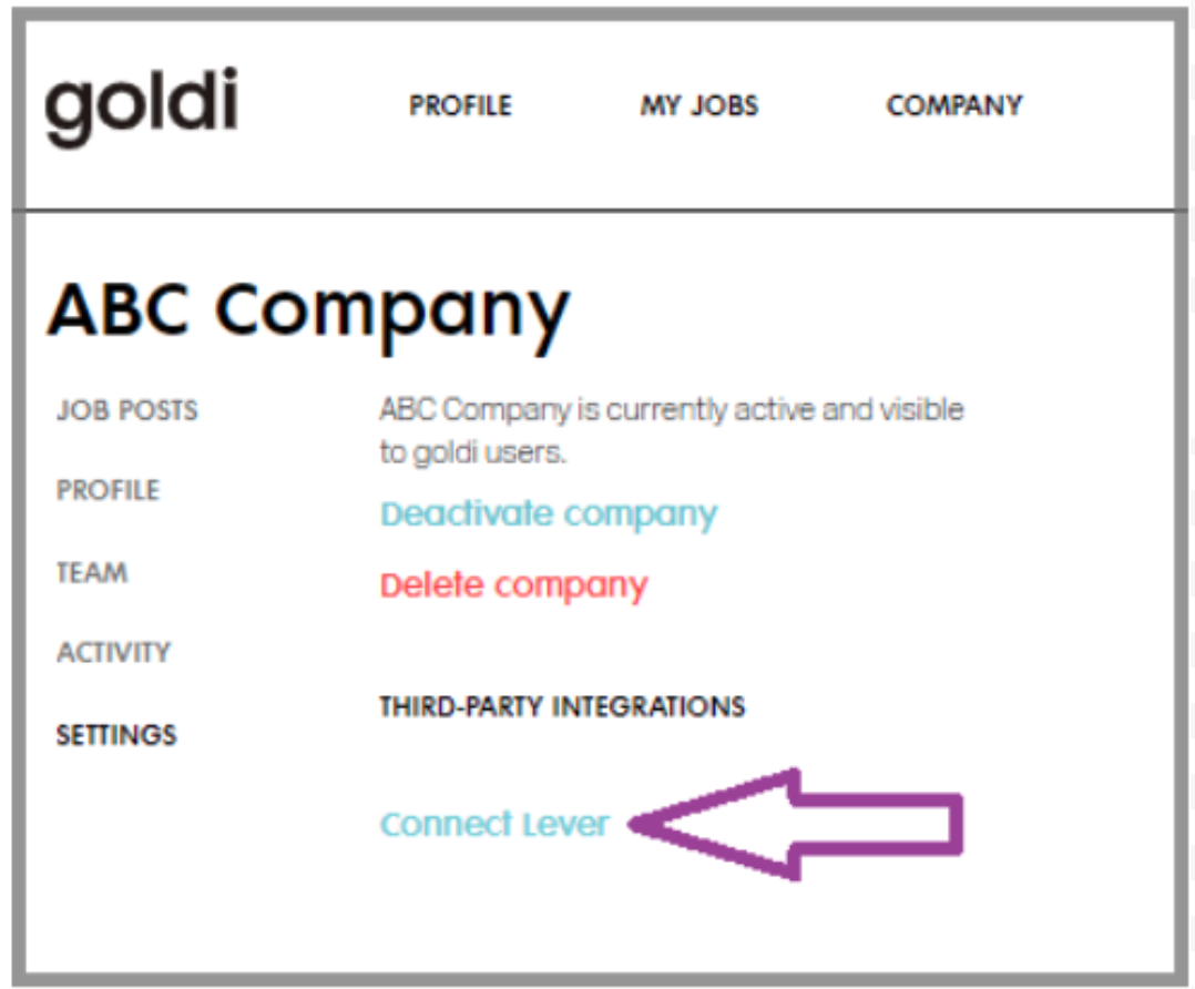 goldi settings showing connect to lever button in company listing