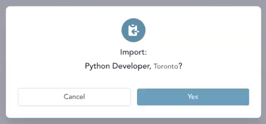 Tilr platform with modal showing import job and yes button