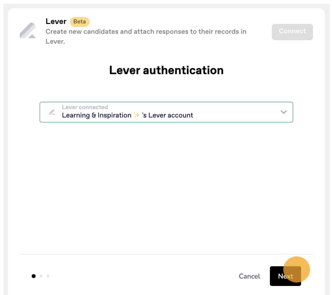 VideoAsk platform with Lever authentication modal and next button selected.