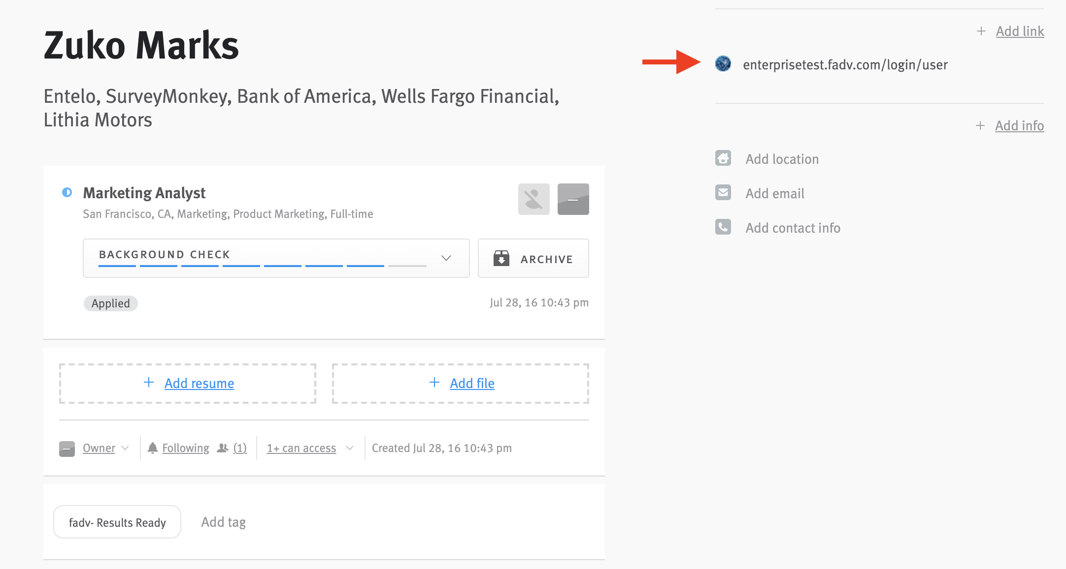 Close up opportunity profile with arrow pointing to link to First Advantage background results in links section. Tag on opportunity reads fadv- Results ready.