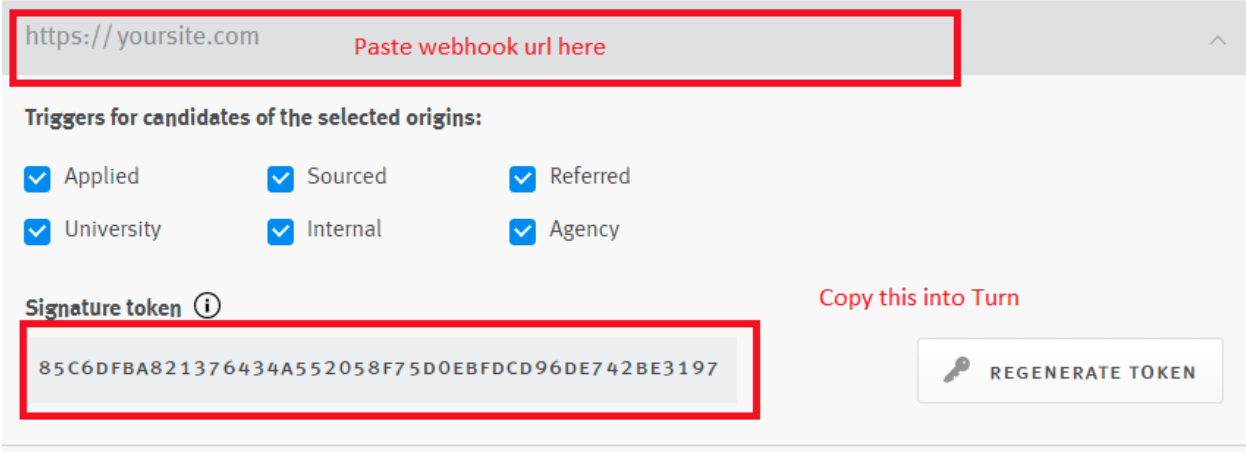 Lever webhook section with webhook field and signature token outlined.