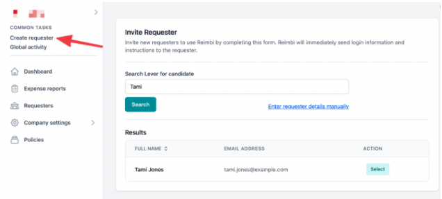 Invite Requester screen on Reimbi. Click Create Requester link.