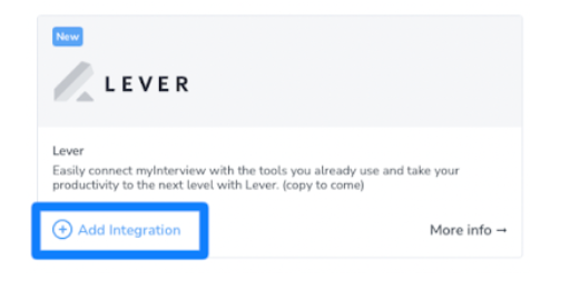 MyInterview platform with add integrations button in the Lever listing.