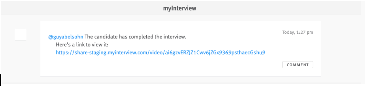 Lever candidate profile showing myInterview update in candidate history section.