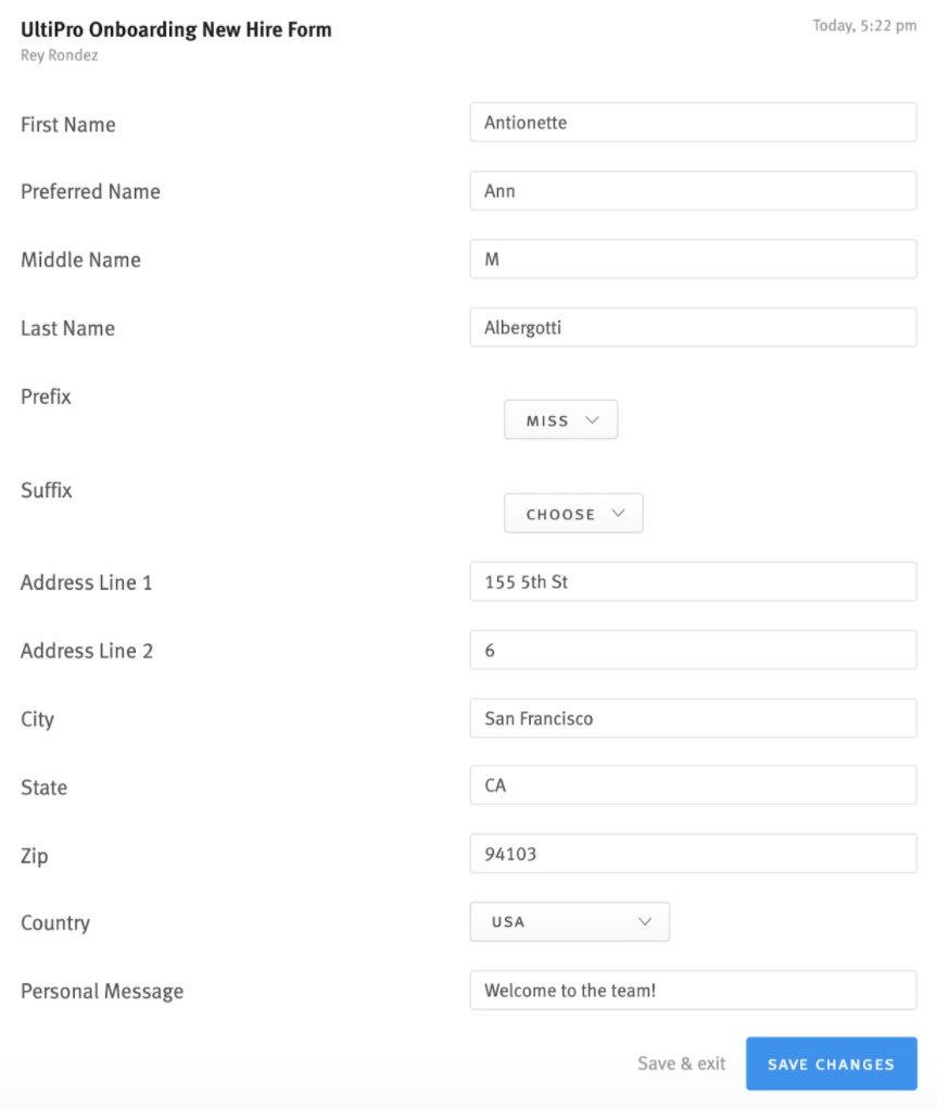 A filled out UltiPro Profile Form in Lever.