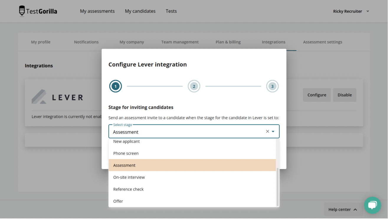TestGorilla platform integrations page with configure Lever integration modal with stage dropdown menu.