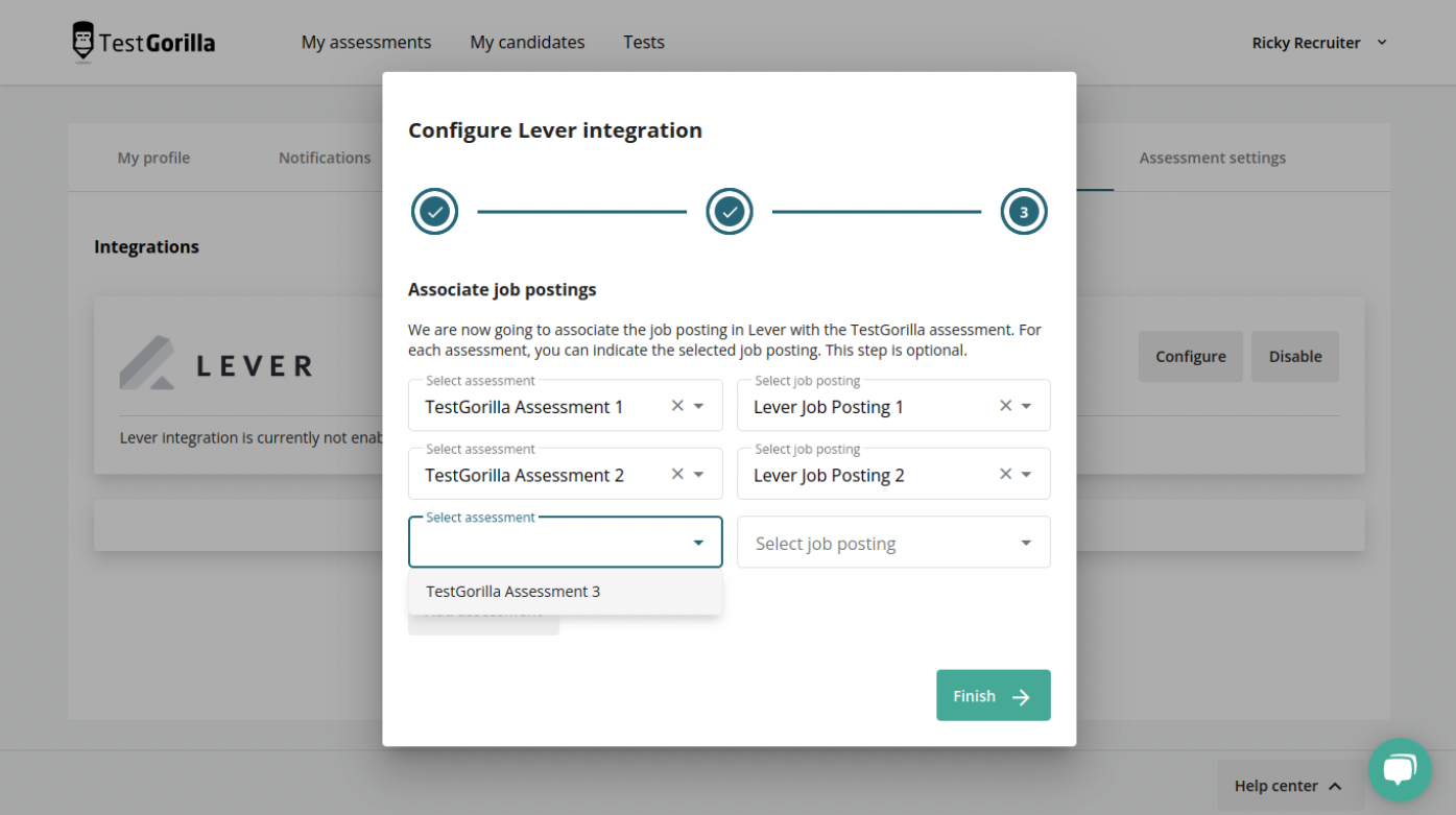 TestGorilla platform integrations page with configure Lever integration modal with associate job postings editor