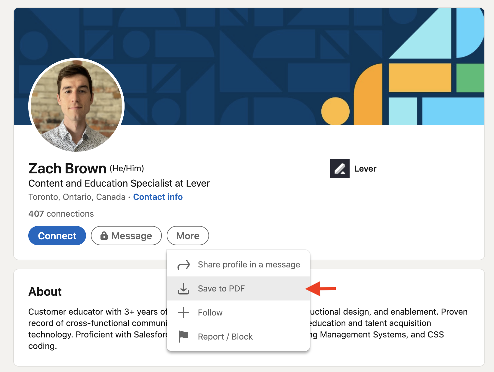 LinkedIn profile with More menu expanded and Save to PDF option highlighted on hover.