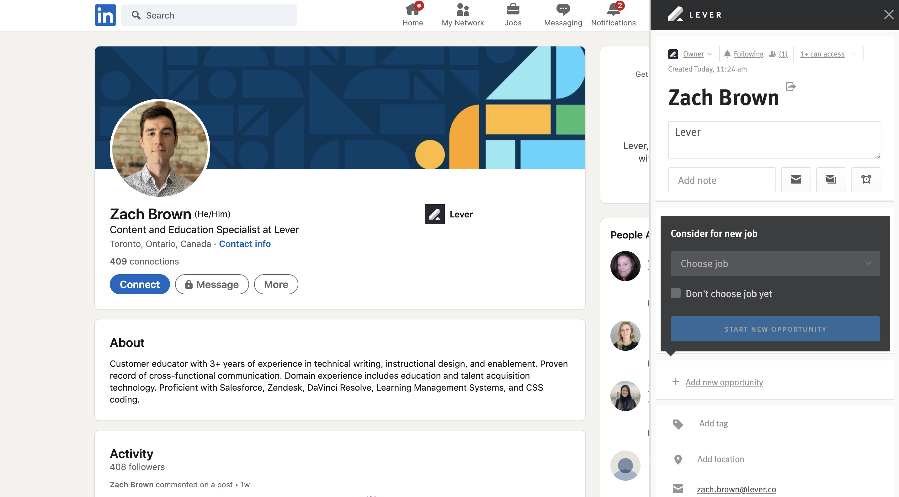 LinkedIn profile open in Chrome browser window with Lever Chrome extension expanded showing existing candidate profile and posting picker menu in pop-up extending from Add new opportunity button.