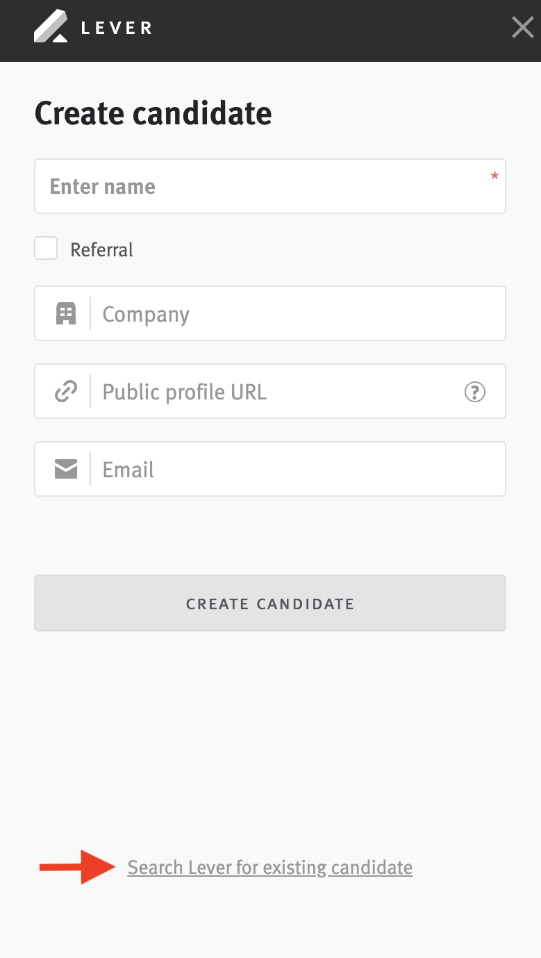 Close up of expanded Lever Chrome extension with arrow pointing to Search Lever for existing candidate button.