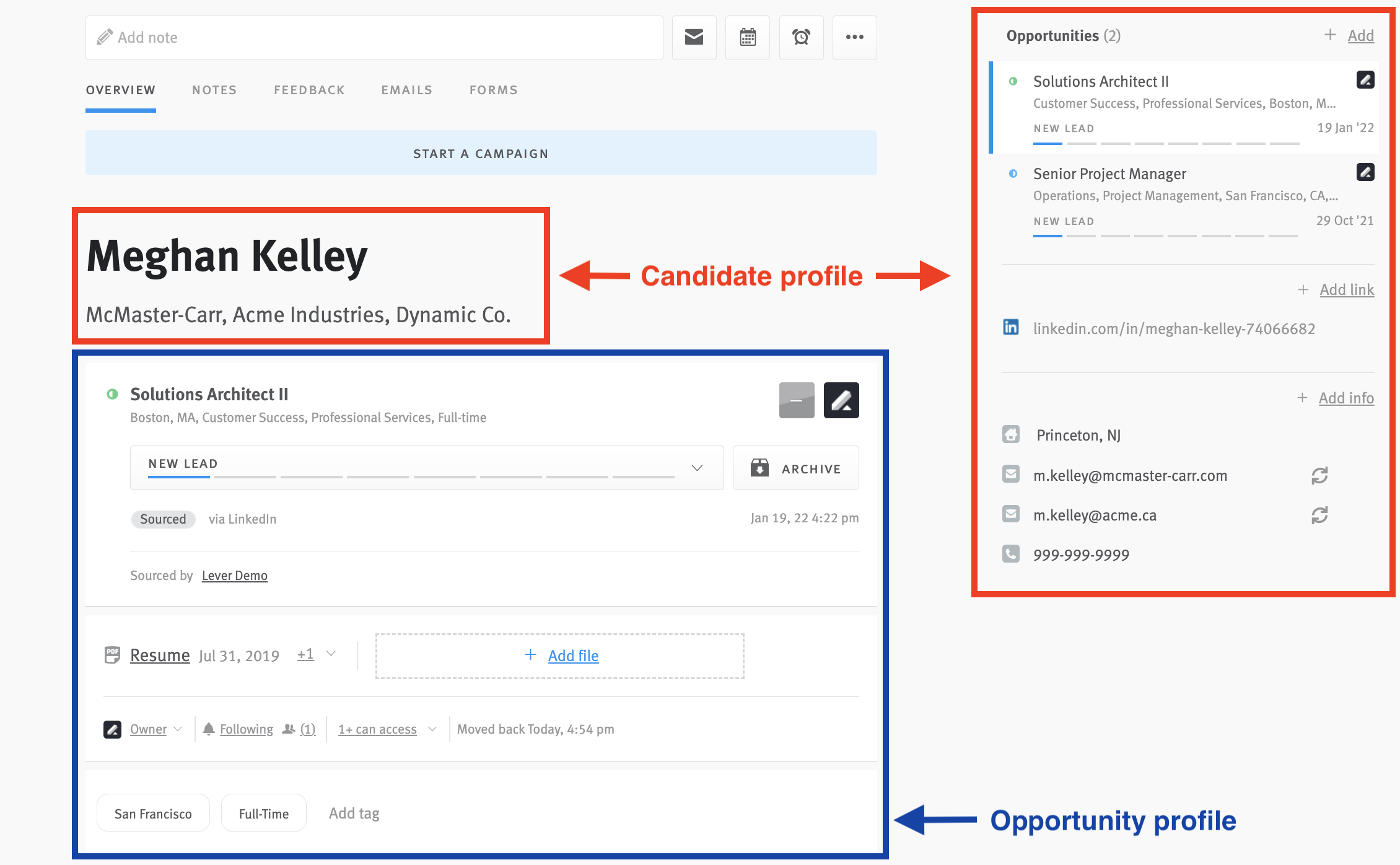 Close up of candidate profile with candidate profile fields and opportunity profile fields circled.