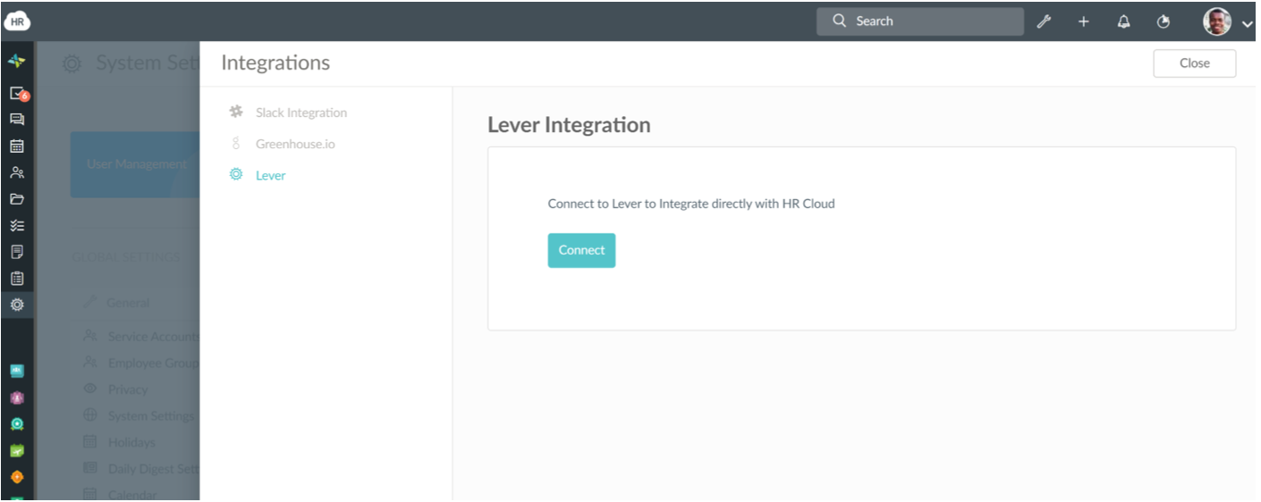 HRCloud platform showing Lever integration with connect button.