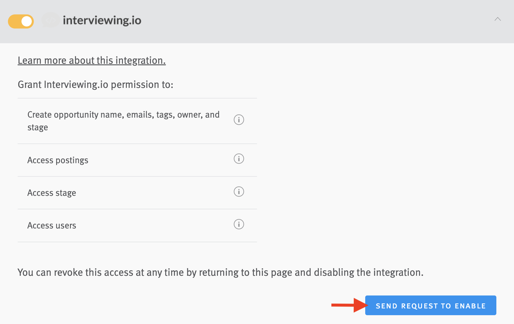 interviewing.io tile in Intergations Settings page in Lever. Arrow points to 'Send Request to Enable' button.