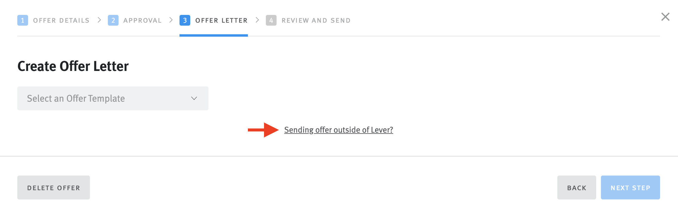 Arrow pointing to Sending offer outside of Lever link below offer letter template menu.
