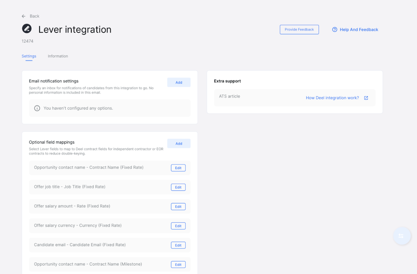 Deel platform showing Lever integration page.