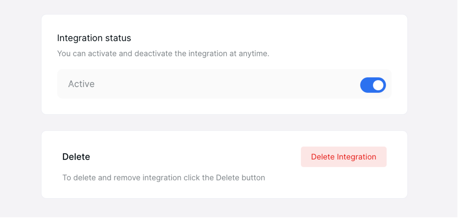 Deel integration status with active on toggle.