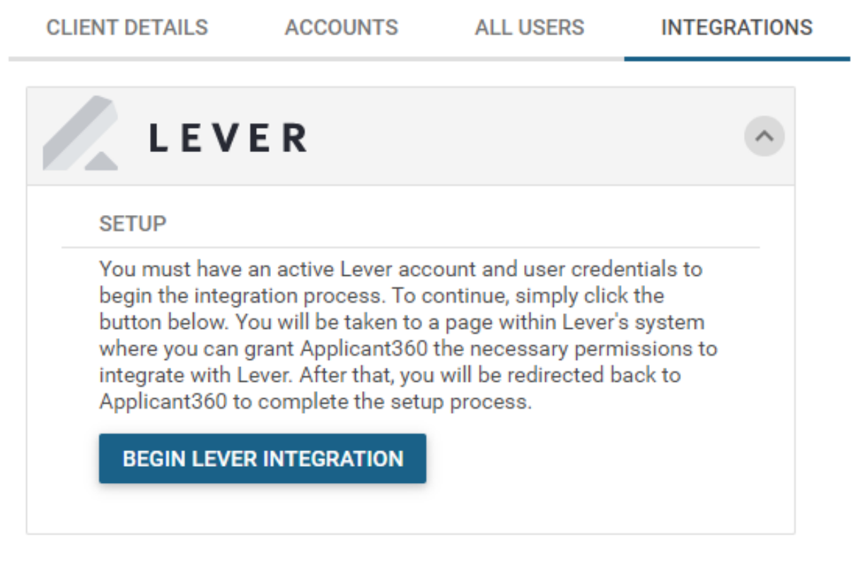 Applicant360 platform showing integrations tab and Begin Lever Integration button.