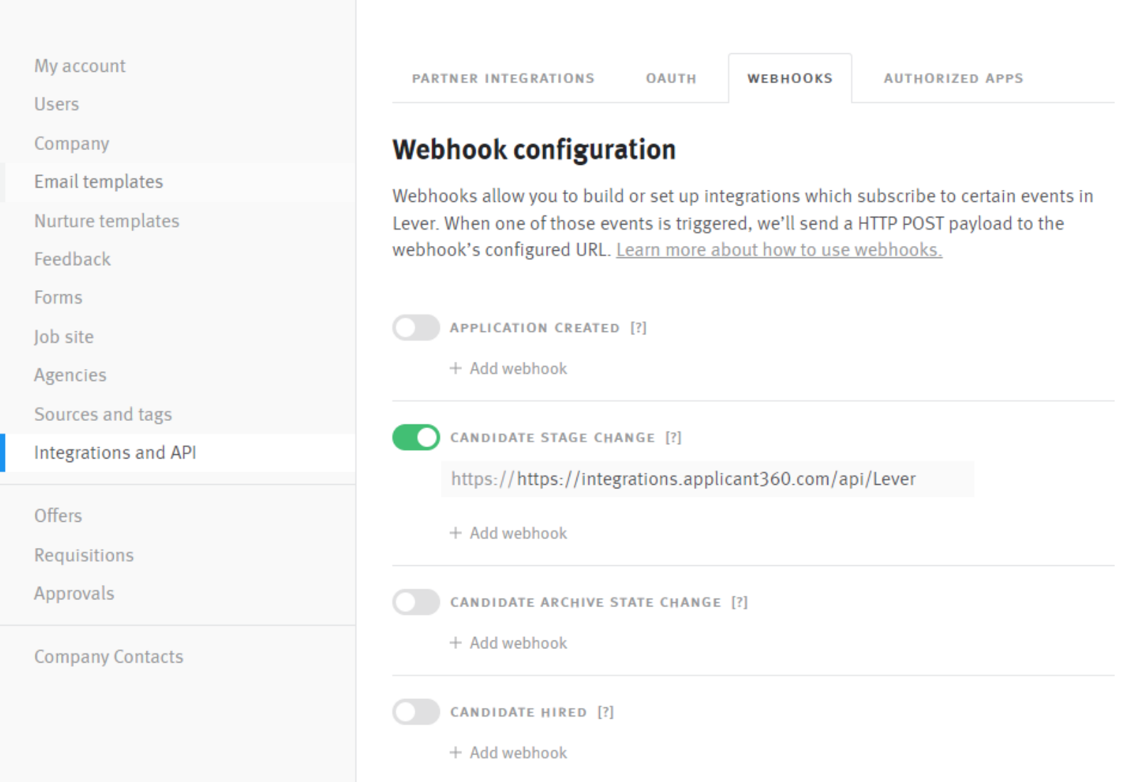 Lever platform integrations and API page with webhooks tab and candidate stage change toggle on green.