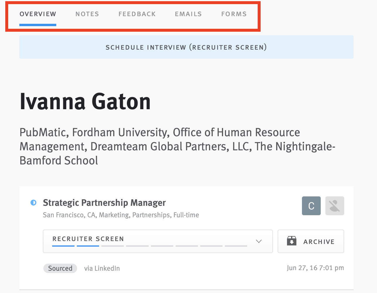 Tabs circled at the top of a candidate profile.