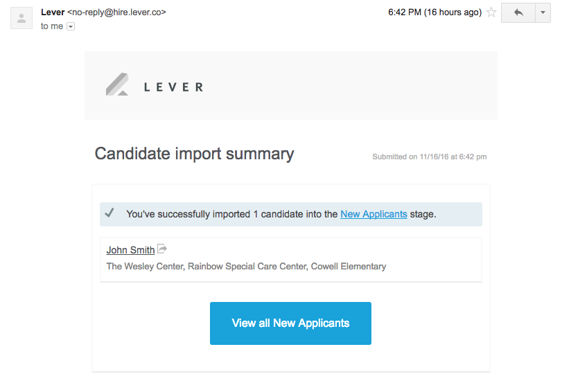 Confirmation email notifying recipient of succesful candidate import.