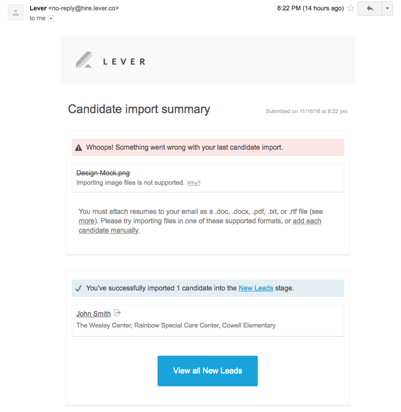 Confirmation email notifying recipient of failure to import on candidate.