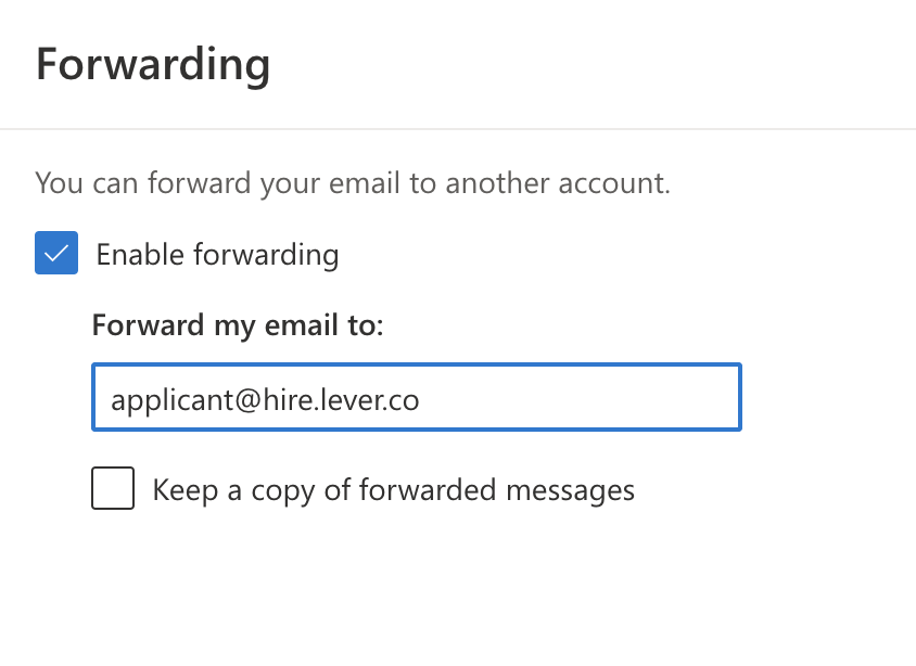 Forwarding modal with applicant@hire.lever.co entered into email address field.