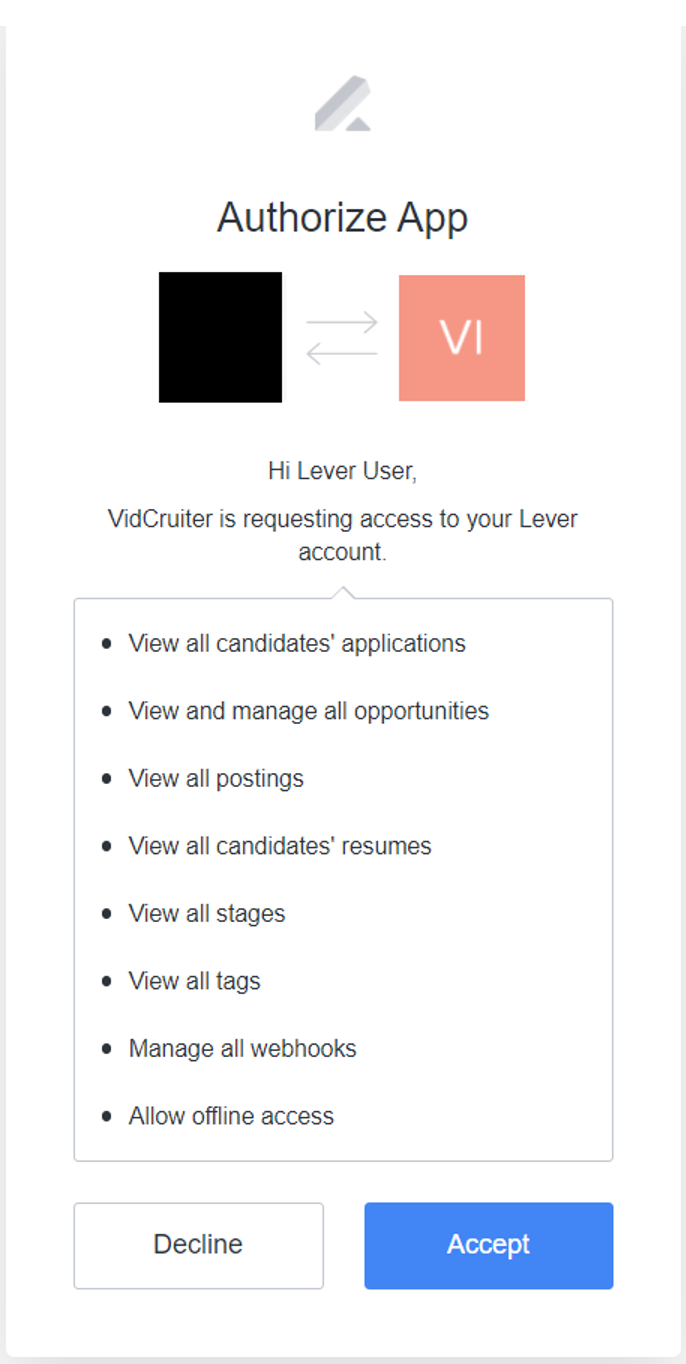 Lever and VidCruiter authorize app modal with blue accept button