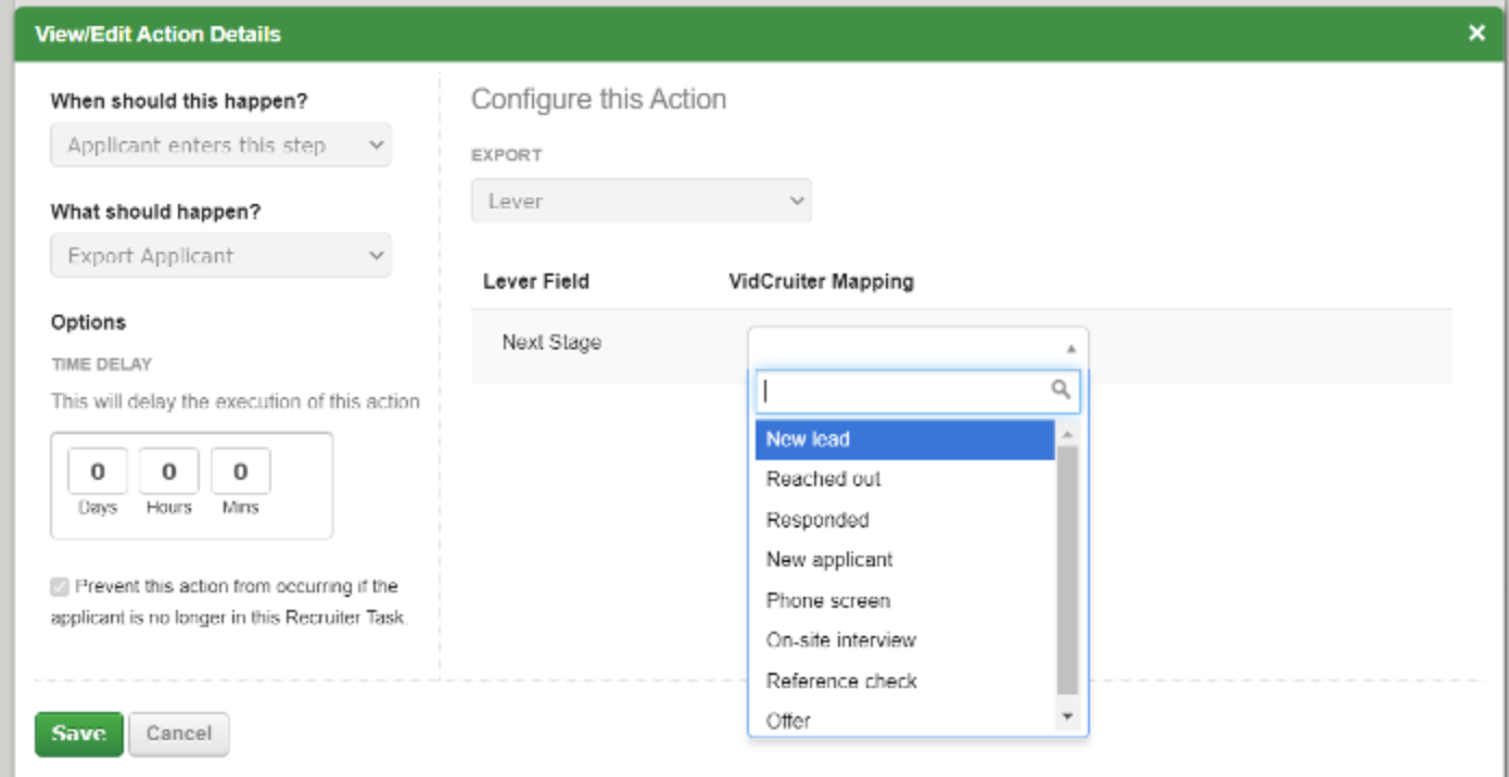 Vidcruiter configure this action settings showing next stage drop down picker