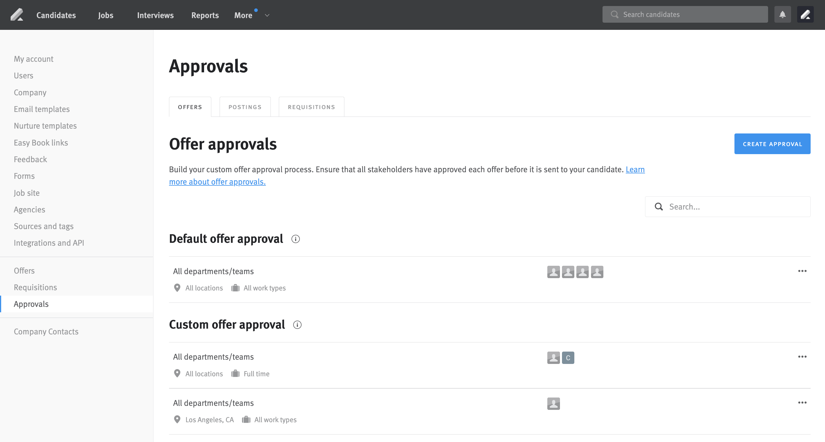 Approvals section of Lever Settings, Offers tab selected
