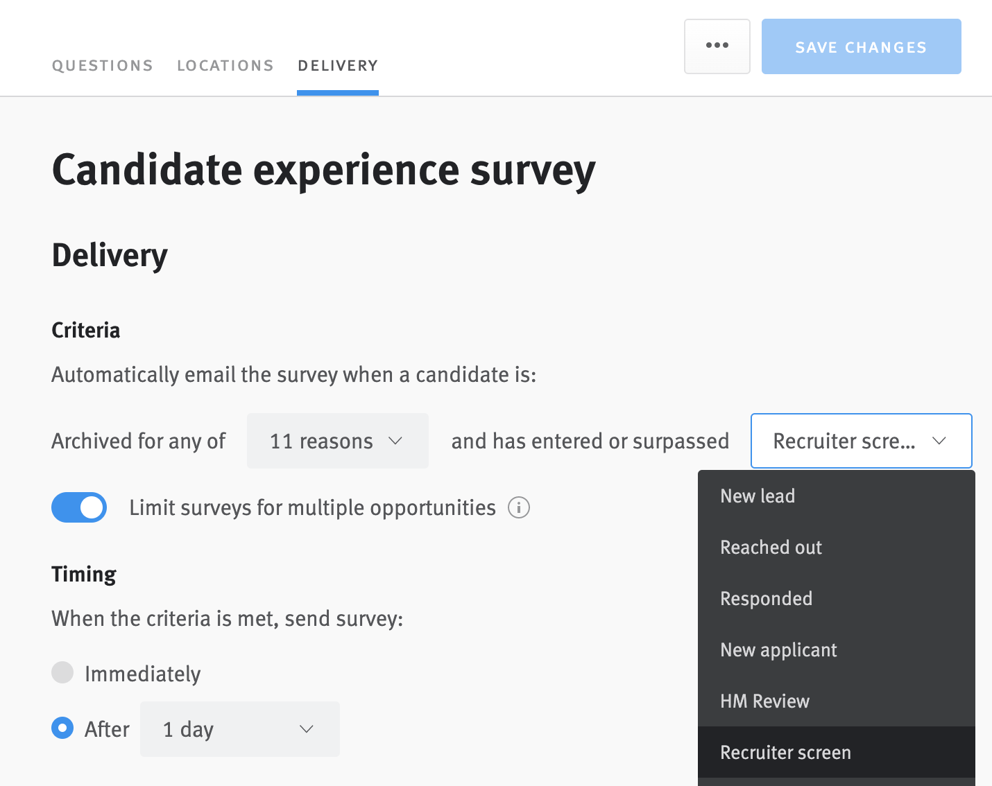 Candidate experience survey editor open to delivery page with stage menu expanded in delivery criteria.