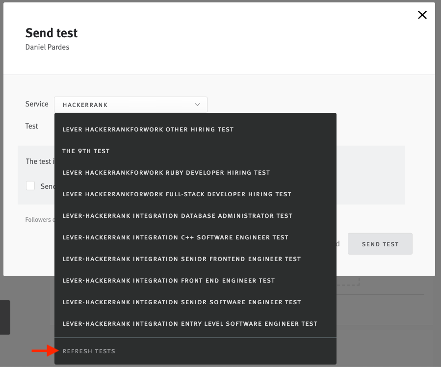 Send test modal with test menu expanded. Arrow points to 'Refresh Test' option at the bottom of the list.