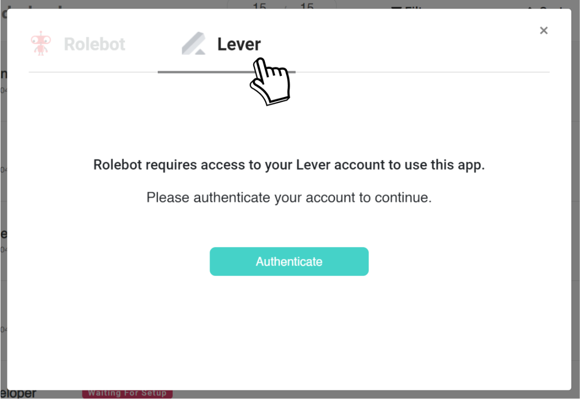 Rolebot platform showing Lever setup modal.