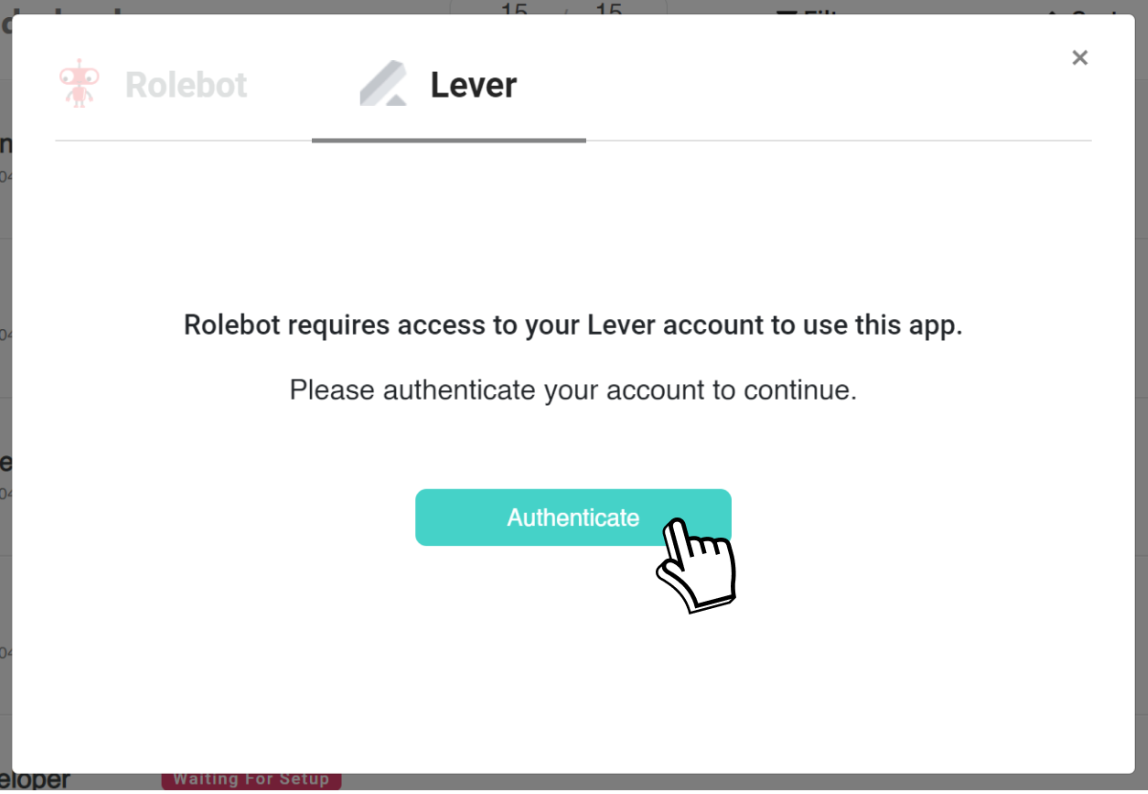 Rolebot platform showing Lever setup modal with mouse clicking authenticate button.