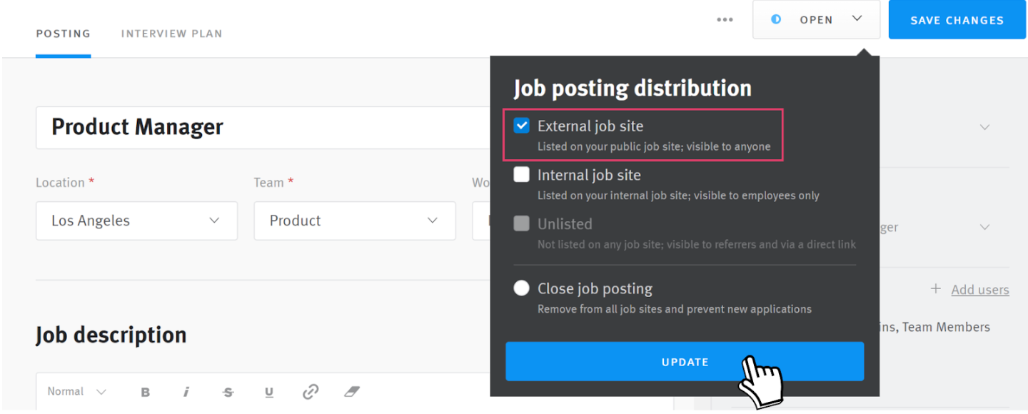 Lever job posting editor showing job posting distribution dropdown menu with external job site option selected.