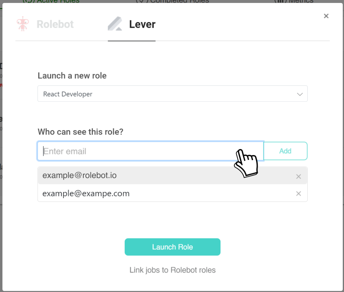 Rolebot platform Lever set up page showing launch new role and email fields.